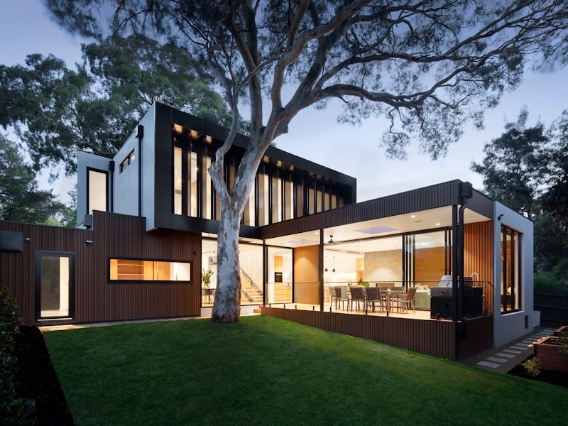 Contemporary detached new-build home at dusk
