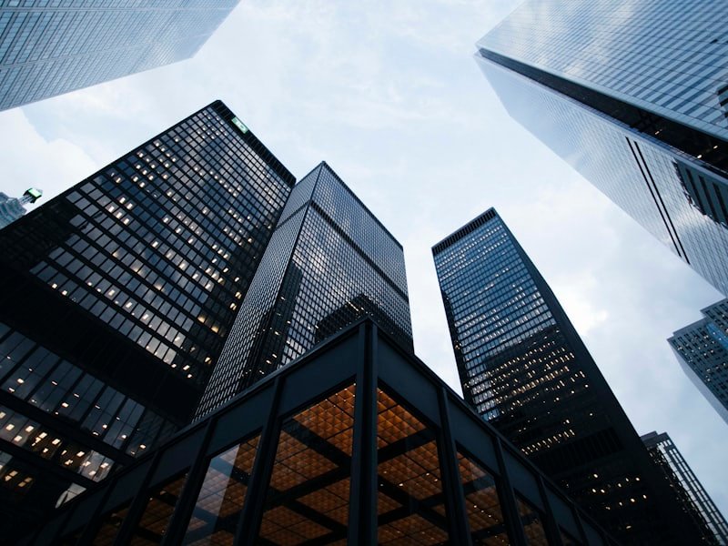 Modern commercial office towers viewed from below