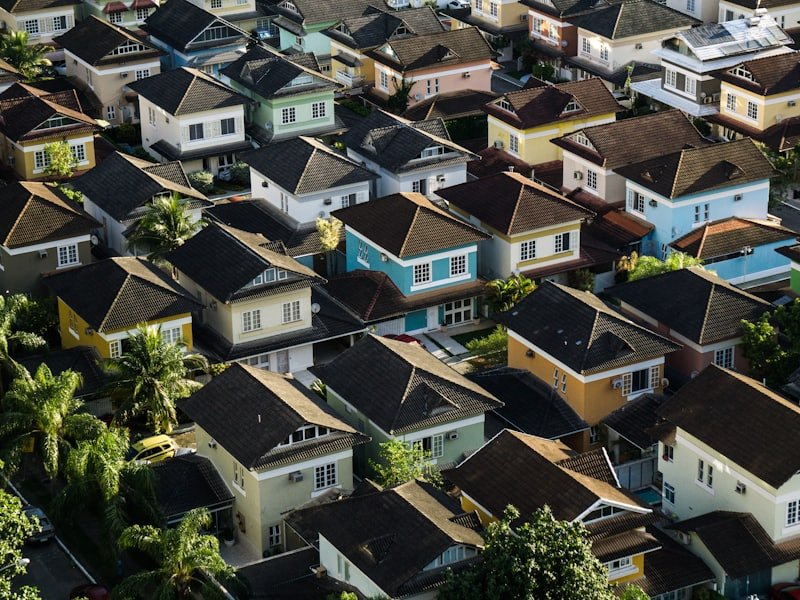 Aerial view of a completed residential housing development
